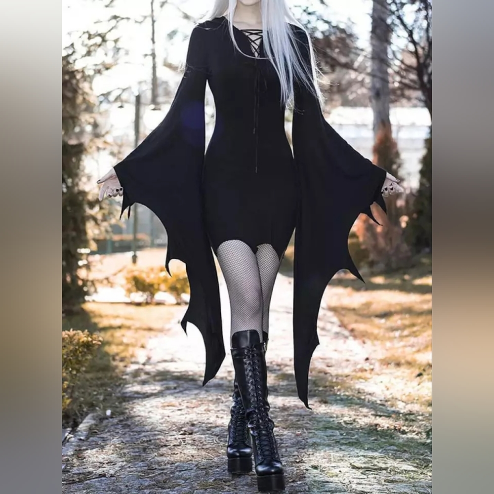 Bat Wing Super Long Sleeve Dress w/Lace Up Detail on Chest